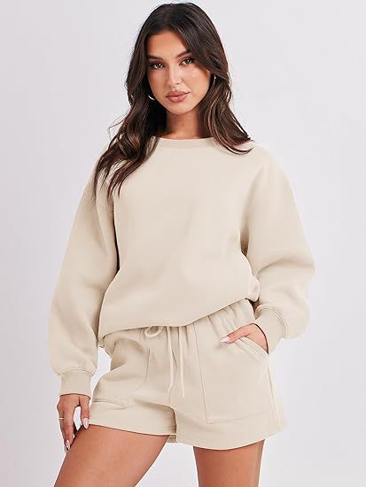 Women's Casual Two-Piece Lounge Sweatset with Oversized Round Neck Sweatshirt and High-Waist Relax Shorts Shop Velvia
