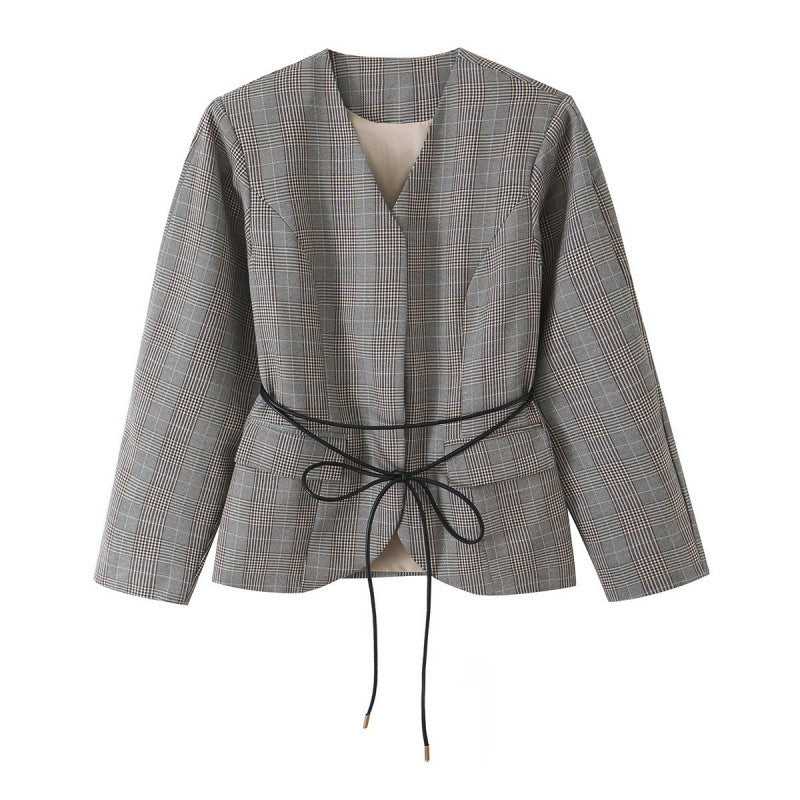 Women tailored glencheck blazer jacket with V-neck and tie waist Shop Velvia