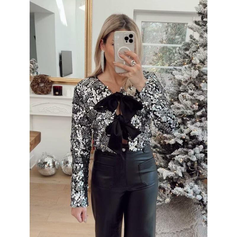 Ladies Short Cut Sequin Jacket with Double Tied Satin Bows Shop Velvia