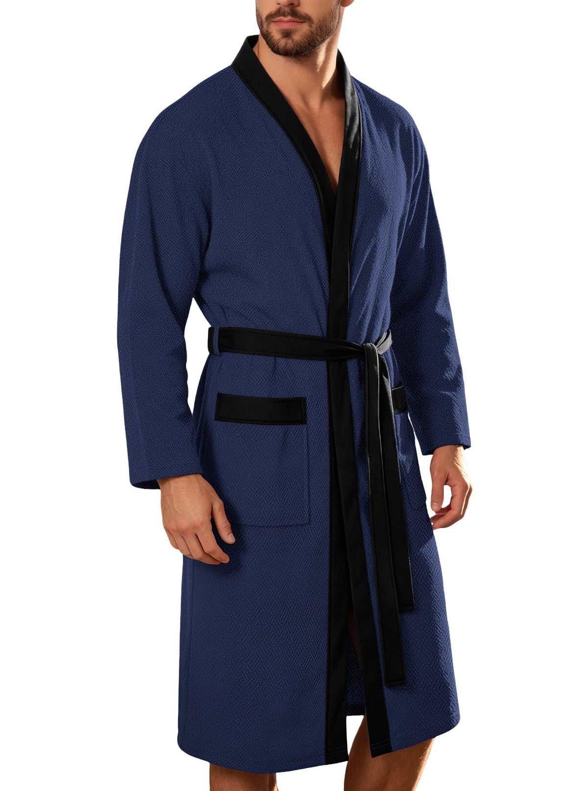 Men's lightweight cotton kimono bathrobe with waffle texture and patch pockets Shop Velvia