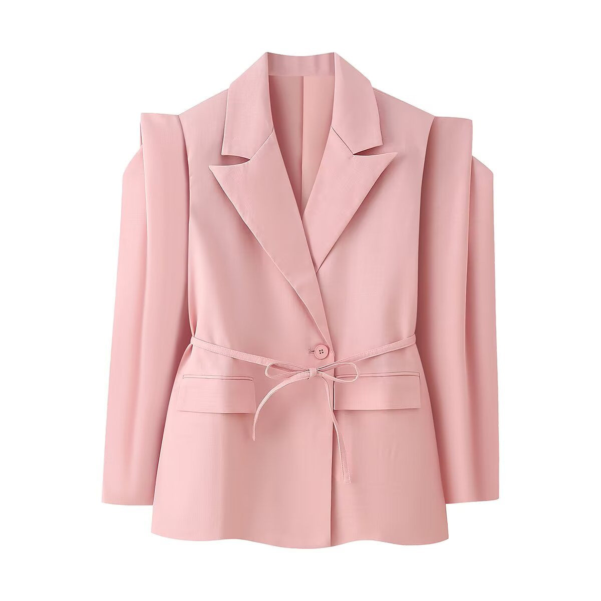 Women's blazer with shoulder cutouts, belted waist and single button closure Shop Velvia