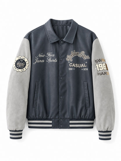 Men's varsity bomber jacket in collegiate style with faux leather body, suede look sleeves and embroidered patches Shop Velvia