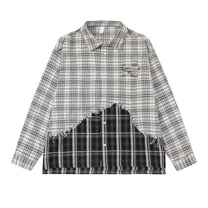Unisex Oversize Check Shirt with Layered Look and Frayed Hem Shop Velvia