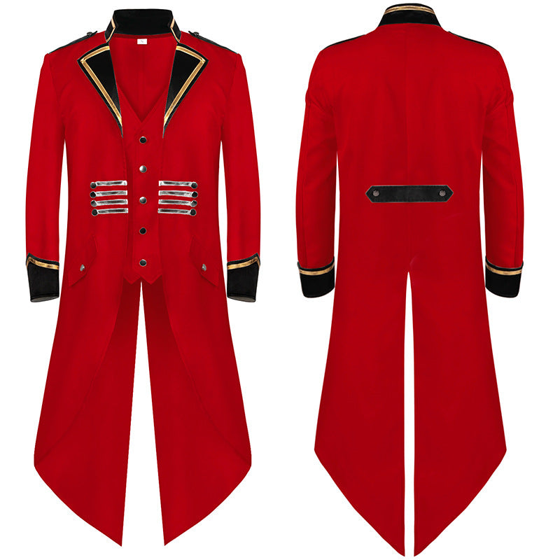Men's long coat with military-inspired cut, high collar and decorative metal strips Shop Velvia