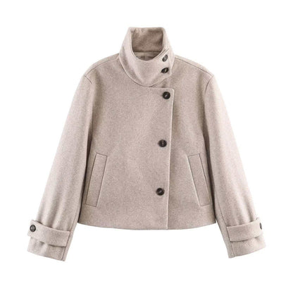 Ladies' short wool coat with high stand-up collar, asymmetrical button placket, and adjustable cuff straps Shop Velvia