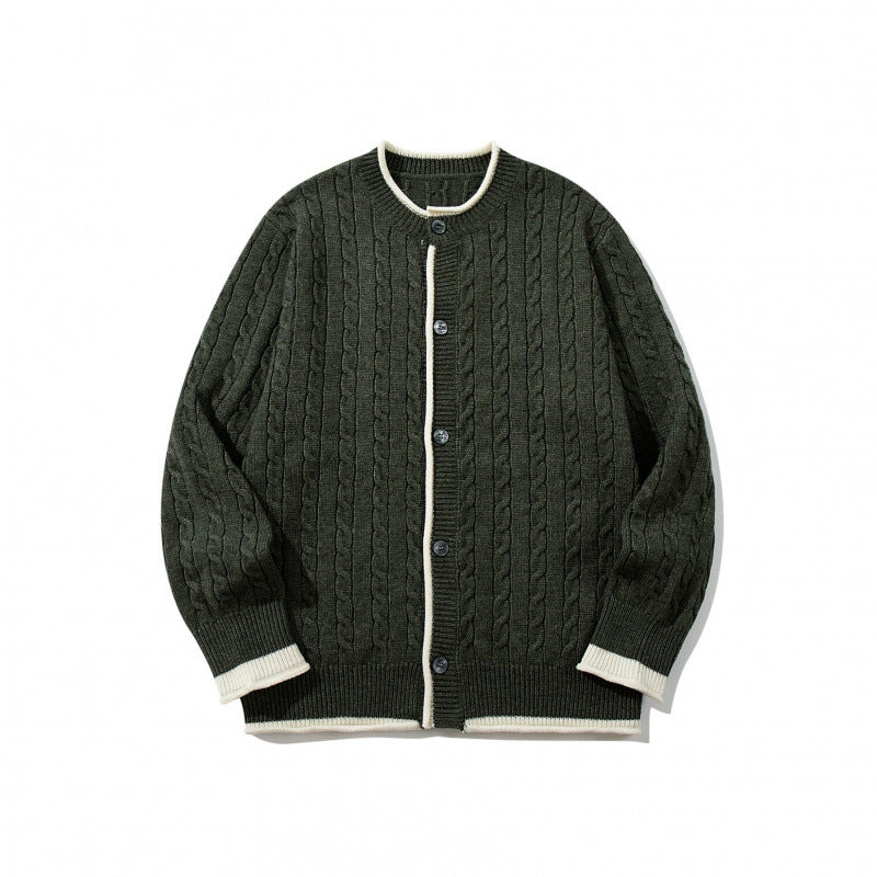 Unisex fine knit cardigan with cable pattern, round neck and contrast trim Shop Velvia