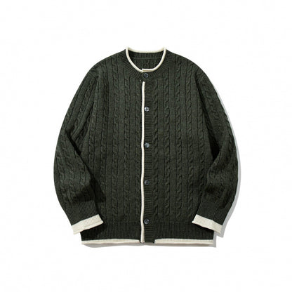 Unisex fine knit cardigan with cable pattern, round neck and contrast trim Shop Velvia