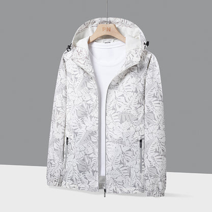 Men's Lightweight Hooded Windbreaker with Botanical Allover Print and Elastic Cuffs Shop Velvia