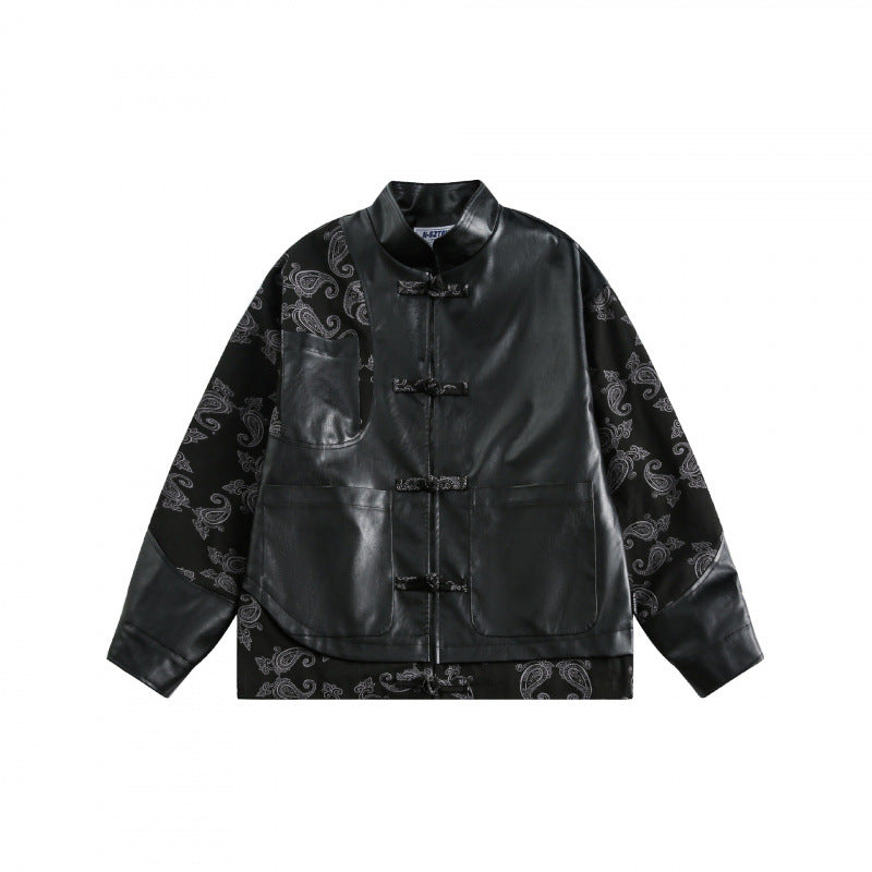 Unisex jacket in chinoiserie style with faux leather front, stand-up collar, and paisley sleeves Shop Velvia