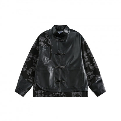 Unisex jacket in chinoiserie style with faux leather front, stand-up collar, and paisley sleeves Shop Velvia