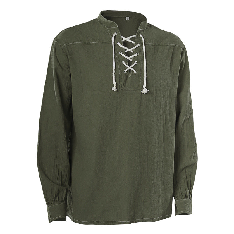 Men's casual short-sleeve shirt with laced V-neck, short stand-up collar, and soft cotton blend Shop Velvia