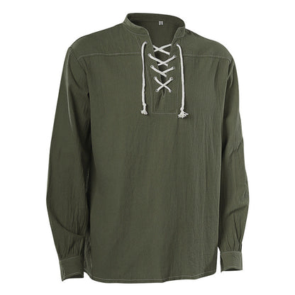 Men's casual short-sleeve shirt with laced V-neck, short stand-up collar, and soft cotton blend Shop Velvia