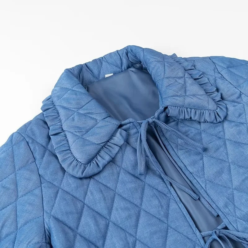Women Short Quilted Jacket with Ruffled Collar, Ties and Patch Pockets Shop Velvia