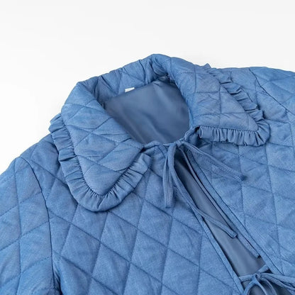 Women Short Quilted Jacket with Ruffled Collar, Ties and Patch Pockets Shop Velvia