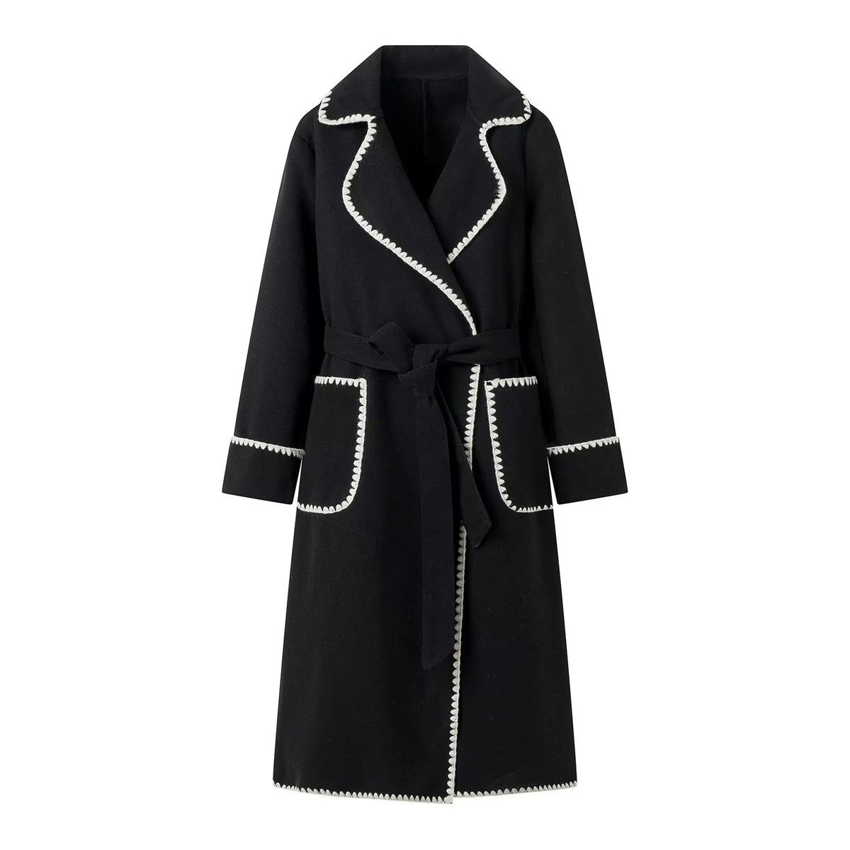 Women Tailored Wrap Coat made of Wool Blend with Decorative Wave Trim and Tied Belt Shop Velvia
