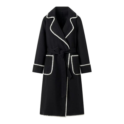 Women Tailored Wrap Coat made of Wool Blend with Decorative Wave Trim and Tied Belt Shop Velvia