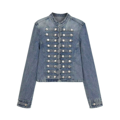 Women’s denim jacket in military style with row buttons and stand-up collar Shop Velvia