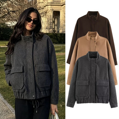 Women's Boxy Wool Blouson with Stand-up Collar, Large Flap Pockets and Elastic Hem Shop Velvia