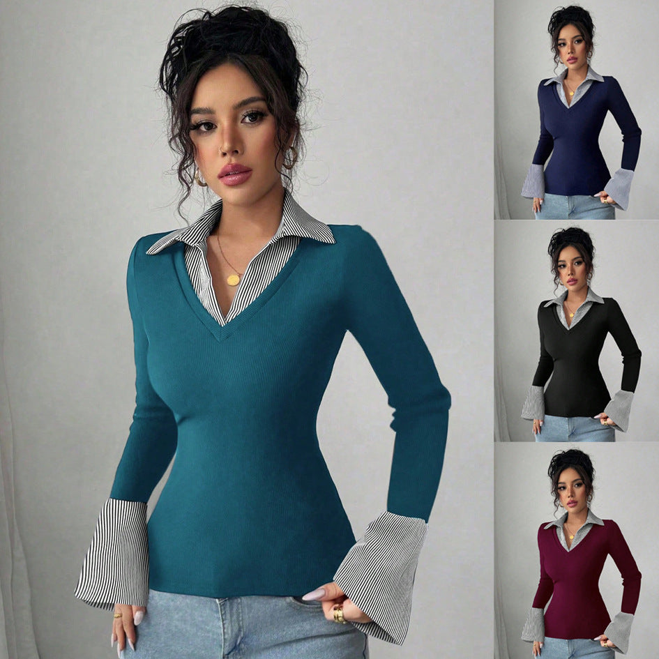 Ladies fine knit sweater with integrated shirt collar and striped cuffs Shop Velvia