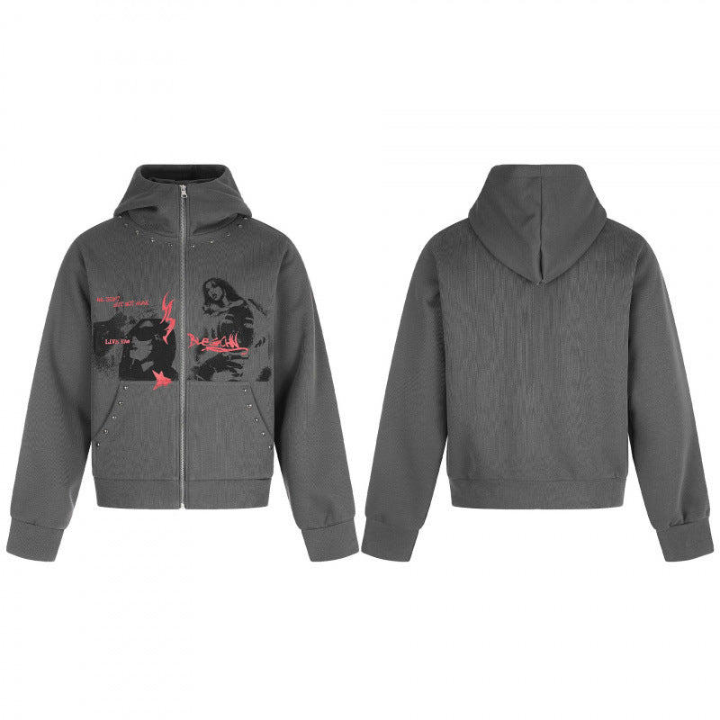 Unisex Oversize Hoodie Sweat Jacket with full zip, studded trim, and graphic front print Shop Velvia