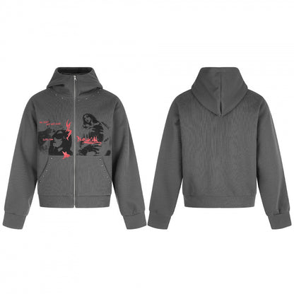 Unisex Oversize Hoodie Sweat Jacket with full zip, studded trim, and graphic front print Shop Velvia