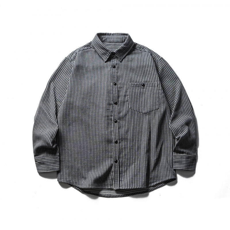 Men's Striped Oversized Shirt made of Washed Cotton Blend with Chest Pocket Shop Velvia