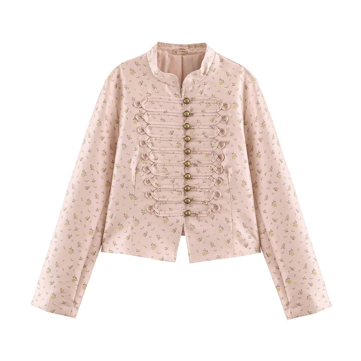 Women Cropped Satin Jacket in Military Style with Decorative Frog Trim Shop Velvia
