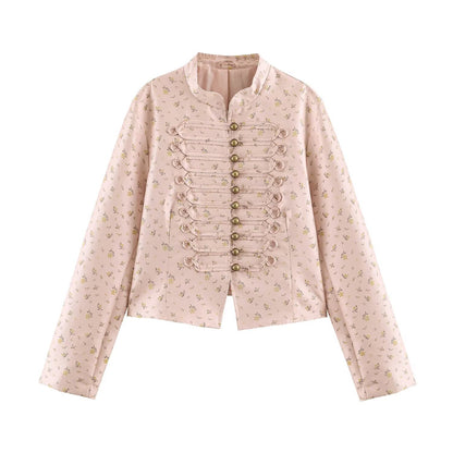Women Cropped Satin Jacket in Military Style with Decorative Frog Trim Shop Velvia