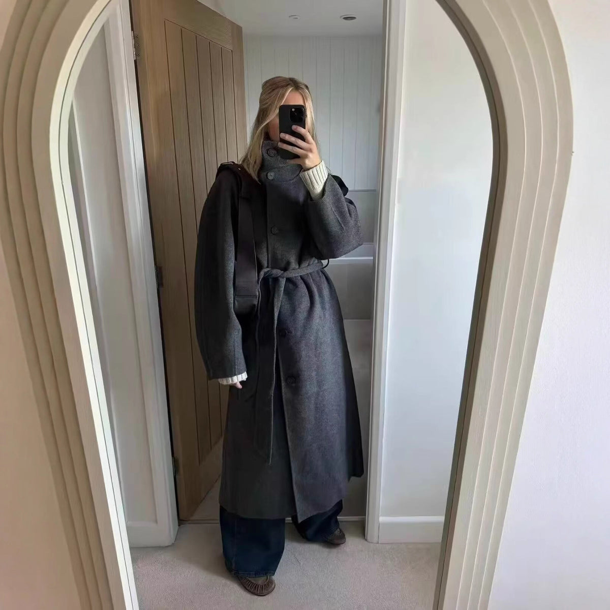 Women's Tailored Wool Blend Coat with Tie Belt and Large Lapel Collar Shop Velvia