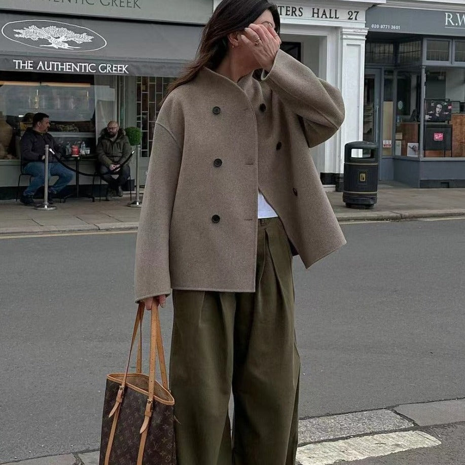 Women Short Double-Breasted Wool Blend Coat with Stand-Up Collar Shop Velvia