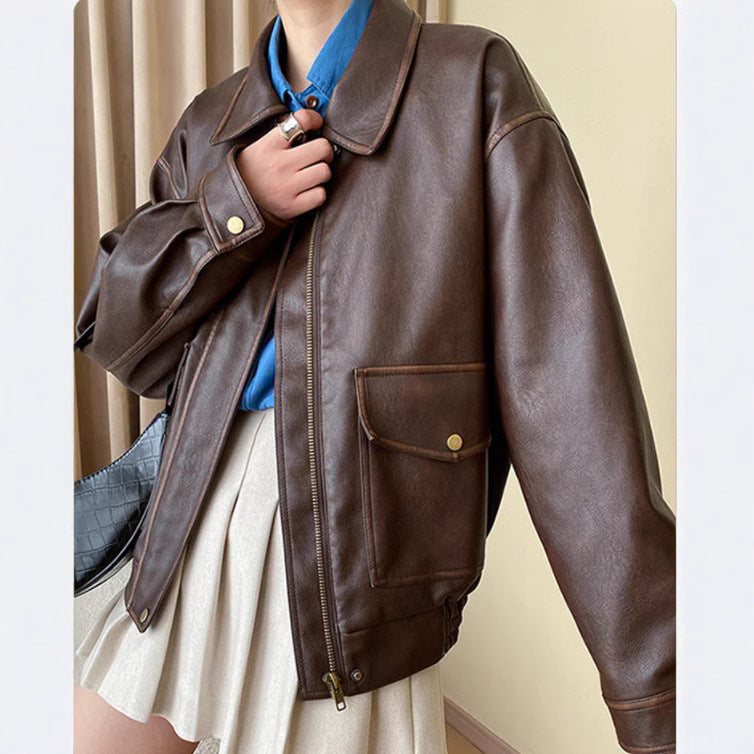 Women's Boxy Faux Leather Pilot Jacket with Flap Pockets and Elastic Hem Shop Velvia