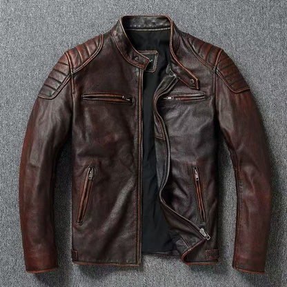 Men's leather jacket in vintage biker style with chest pockets and zipper Shop Velvia