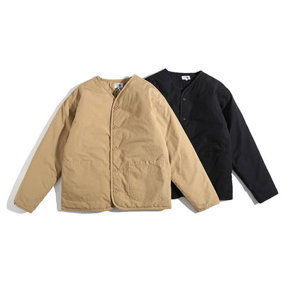 Unisex Lightly Quilted Round Neck Transitional Jacket with Button Placket and Patch Pockets Shop Velvia