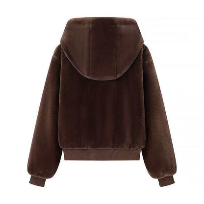 Women's Cozy Hooded Bomber Jacket in Teddy Finish Shop Velvia