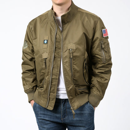 Men's Nylon Bomber Jacket Pilot Style with Multiple Pockets, Sleeve Utility Pocket and Ribbed Cuffs Shop Velvia