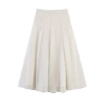 Women's Two-Piece Polka Dot Set with Stand Collar Blouse and Flared Midi Skirt Shop Velvia
