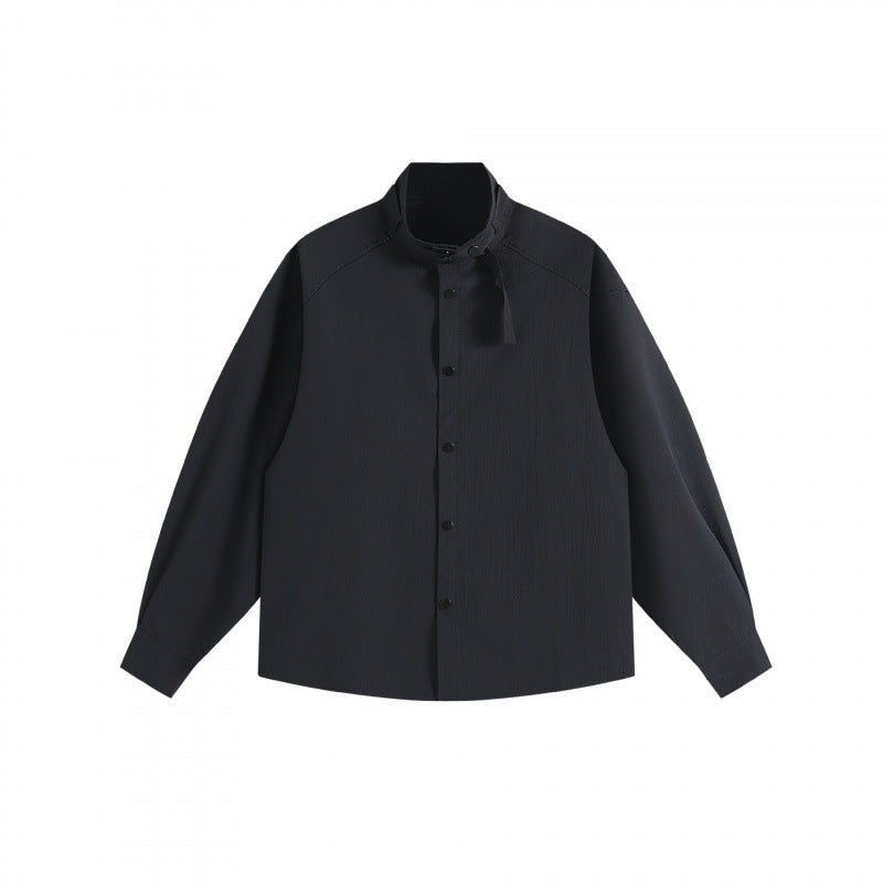 Unisex Boxy Overshirt with Stand Collar, Tie Loop and Snap Button Placket Shop Velvia