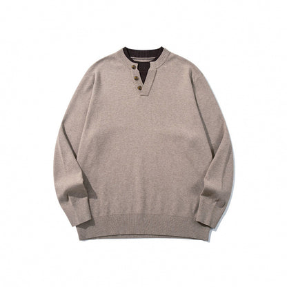 Unisex knit sweater with Henley button placket, contrast collar and boxy cut Shop Velvia