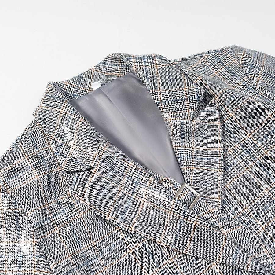 Ladies glencheck blazer with sequin trim and patch pockets Shop Velvia