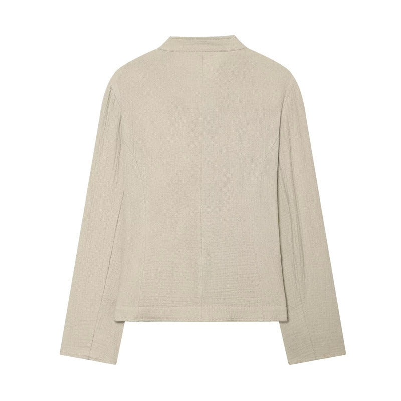 Women Boxy Linen Blazer with Stand Collar, Decorative Button Placket and Patch Pockets Shop Velvia