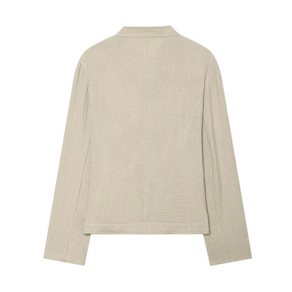 Women Boxy Linen Blazer with Stand Collar, Decorative Button Placket and Patch Pockets Shop Velvia