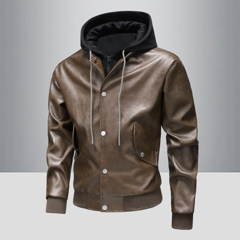 Men's leather bomber jacket with integrated hood insert and ribbed cuffs Shop Velvia