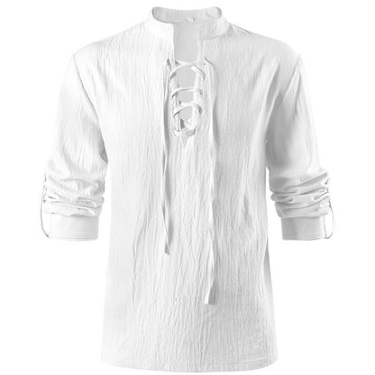 Men's casual short-sleeve shirt with laced V-neck, short stand-up collar, and soft cotton blend Shop Velvia