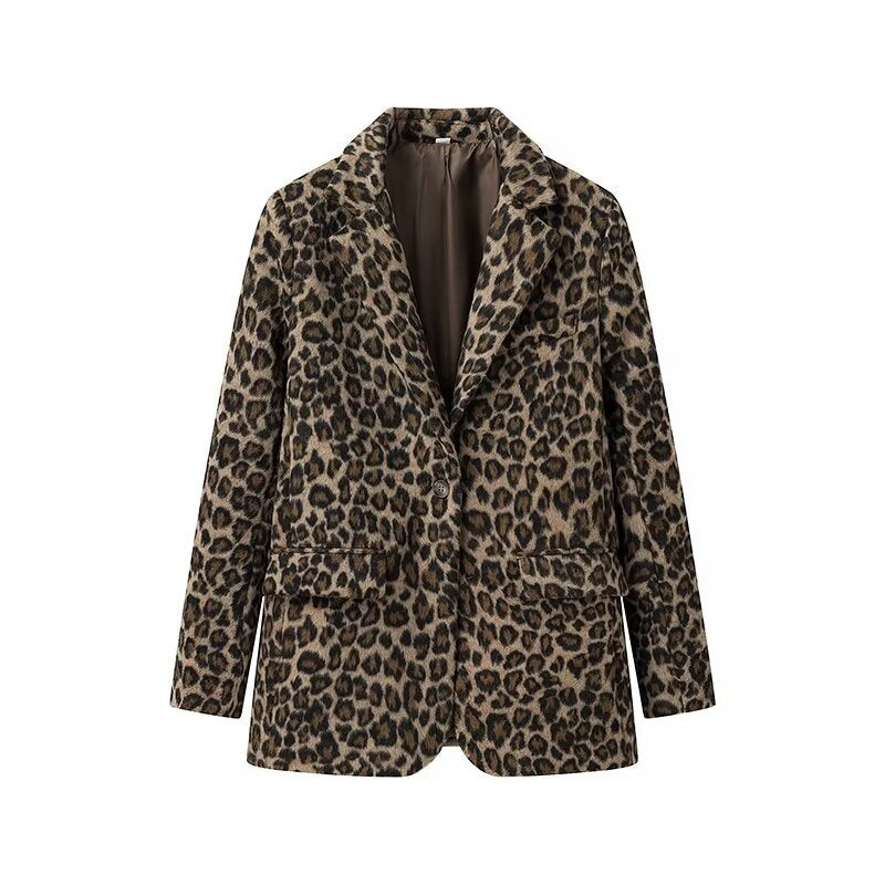 Women's leopard pattern longline blazer with falling lapel, single-button placket, and flap pockets Shop Velvia
