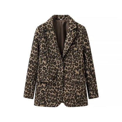 Women's leopard pattern longline blazer with falling lapel, single-button placket, and flap pockets Shop Velvia