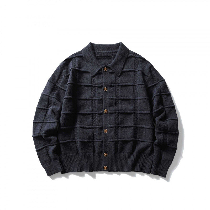 Unisex Boxy Cardigan with Shirt Collar and Structured Check Pattern Shop Velvia