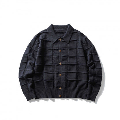 Unisex Boxy Cardigan with Shirt Collar and Structured Check Pattern Shop Velvia