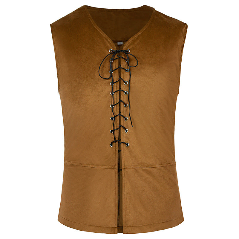 Men's sleeveless vintage linen shirt with breast lacing and stand-up collar Shop Velvia