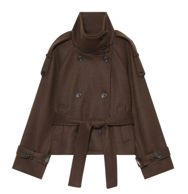 Women's Short Double-Breasted Cape Coat made of Wool with Stand-Up Collar Shoulder Epaulettes and Tie Belt Shop Velvia