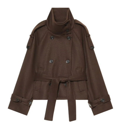 Women's Short Double-Breasted Cape Coat made of Wool with Stand-Up Collar Shoulder Epaulettes and Tie Belt Shop Velvia